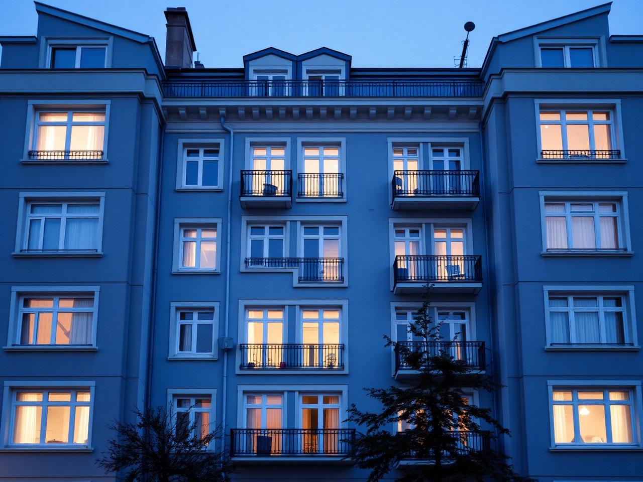 Fachada de edifício residencial europeu ao crepúsculo