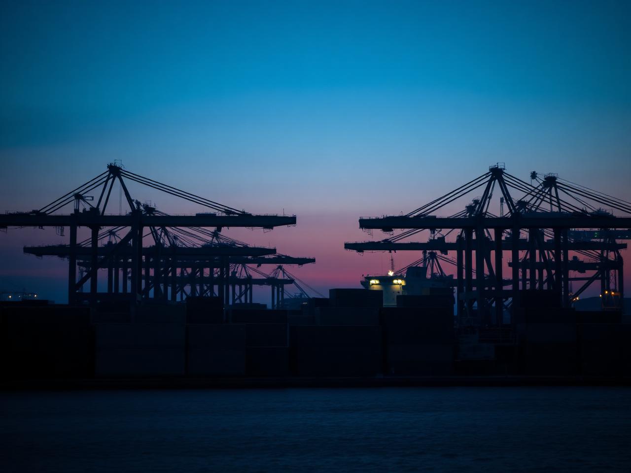 Porto de contêineres com guindastes ao amanhecer